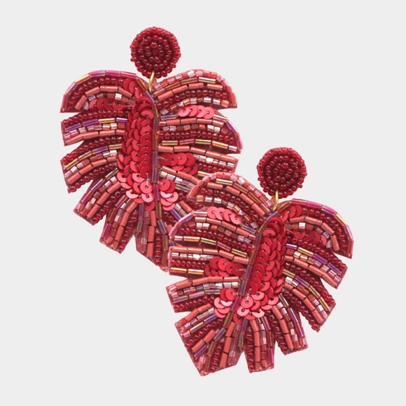 iFashionBox Jewelry - Beaded Burgundy Tropical Leaf Sequin Dangle Earrings Statement Fashion Accessory
